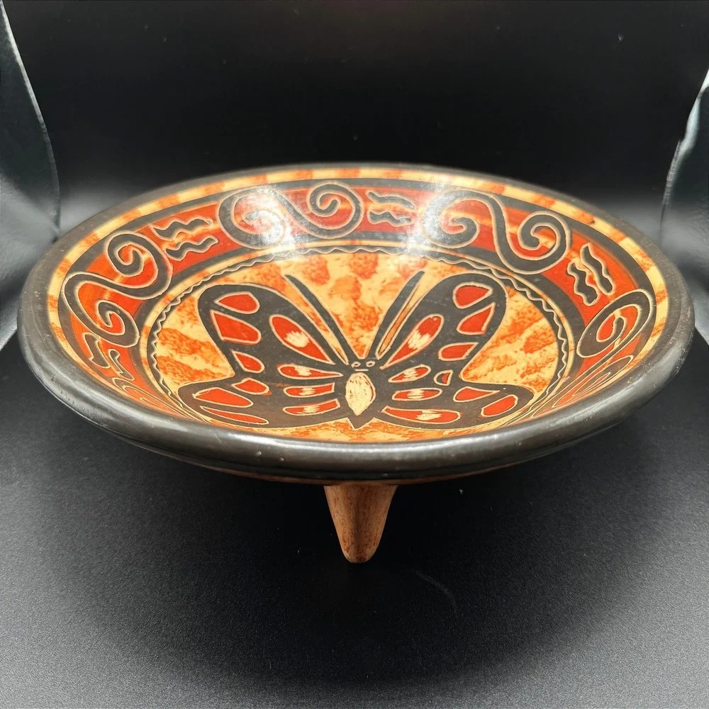 Hand Painted Tripod Bowl Butterfly Folk Art Terracotta Mexican Pottery Boho Vtg.